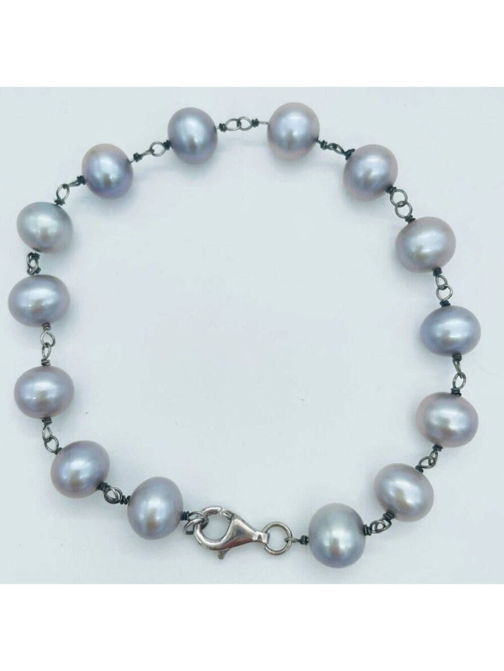 Gray Cultured Pearl Station Link Bracelet Sterling Silver 925 Peacock Luster